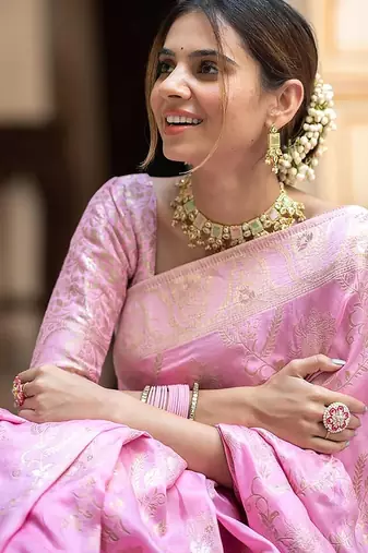 Baby pink woven art silk saree with blouse