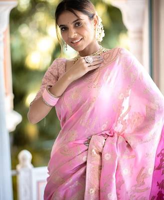 Baby pink woven art silk saree with blouse 4