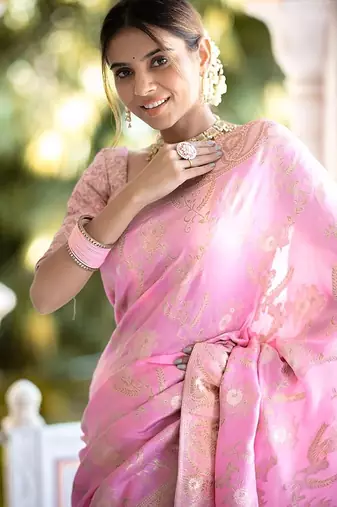 Baby pink woven art silk saree with blouse