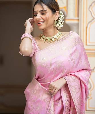 Baby pink woven art silk saree with blouse 5