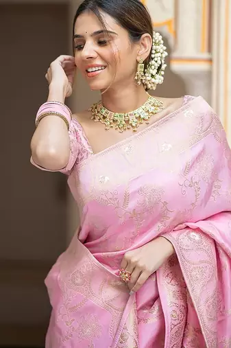 Baby pink woven art silk saree with blouse