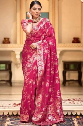 Rani pink woven art silk saree with blouse