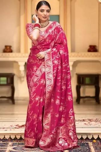 Rani pink woven art silk saree with blouse