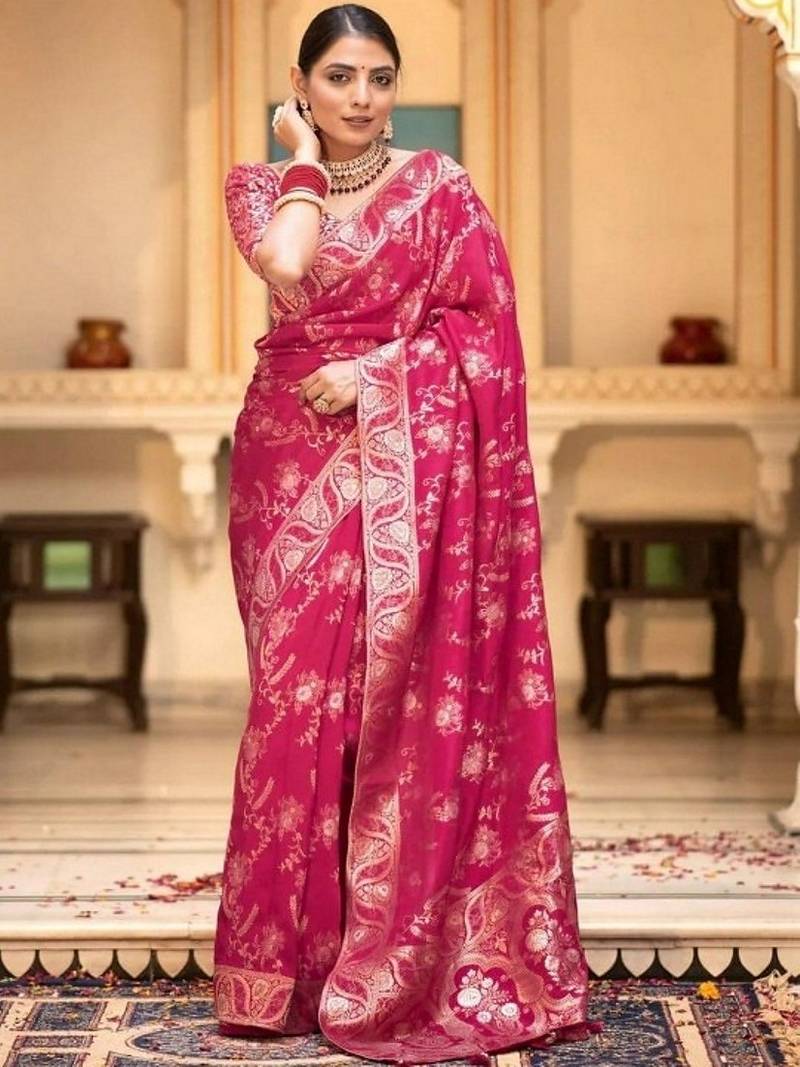Rani pink woven art silk saree with blouse