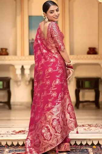 Rani pink woven art silk saree with blouse