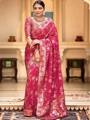 Rani pink woven art silk saree with blouse 3