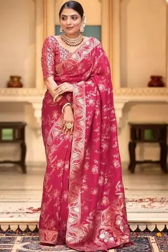 Rani pink woven art silk saree with blouse