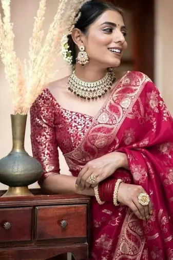 Rani pink woven art silk saree with blouse