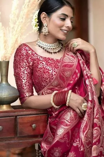 Rani pink woven art silk saree with blouse