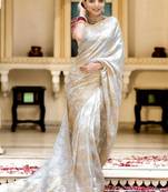 Off white woven art silk festive saree with blouse