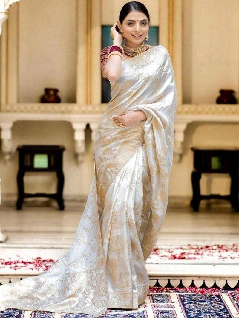 Off white woven art silk festive saree with blouse