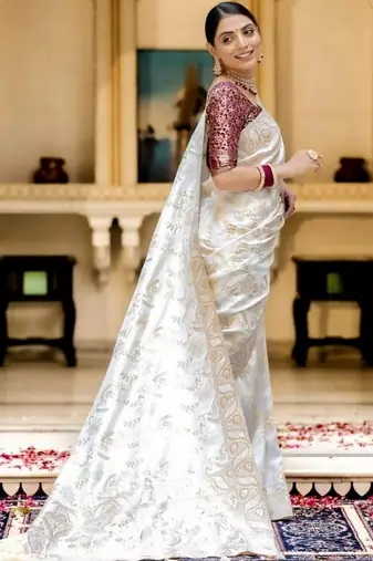 Off white woven art silk festive saree with blouse