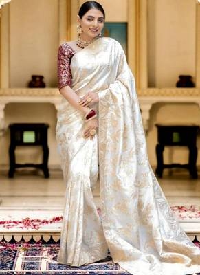 Off white woven art silk festive saree with blouse 3