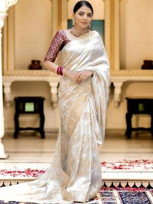 Off white woven art silk festive saree with blouse 4