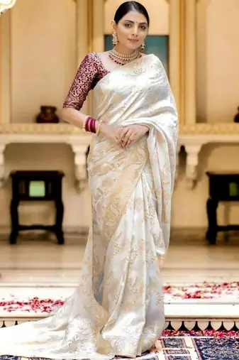 Off white woven art silk festive saree with blouse