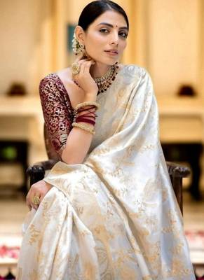 Off white woven art silk festive saree with blouse 5