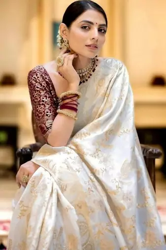 Off white woven art silk festive saree with blouse
