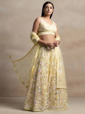 yellow net embroidered lehenga choli with dupatta 2