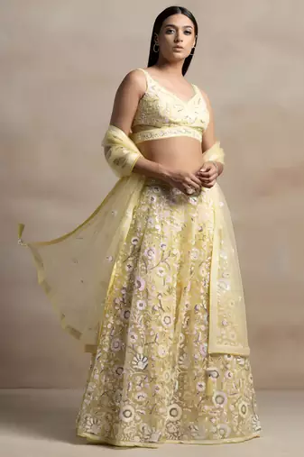 yellow net embroidered lehenga choli with dupatta