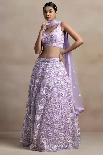 lavender net embroidered lehenga choli with dupatta
