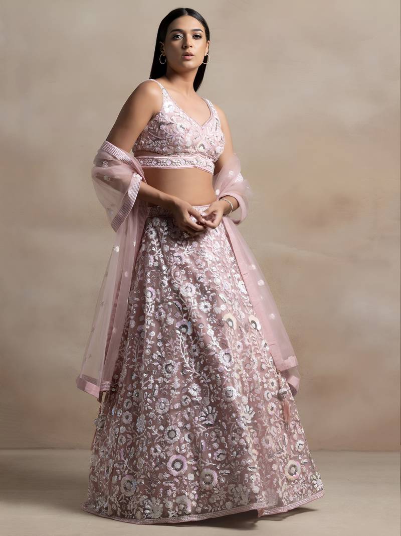 pink net embroidered lehenga choli with dupatta