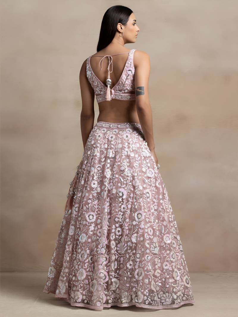 pink net embroidered lehenga choli with dupatta