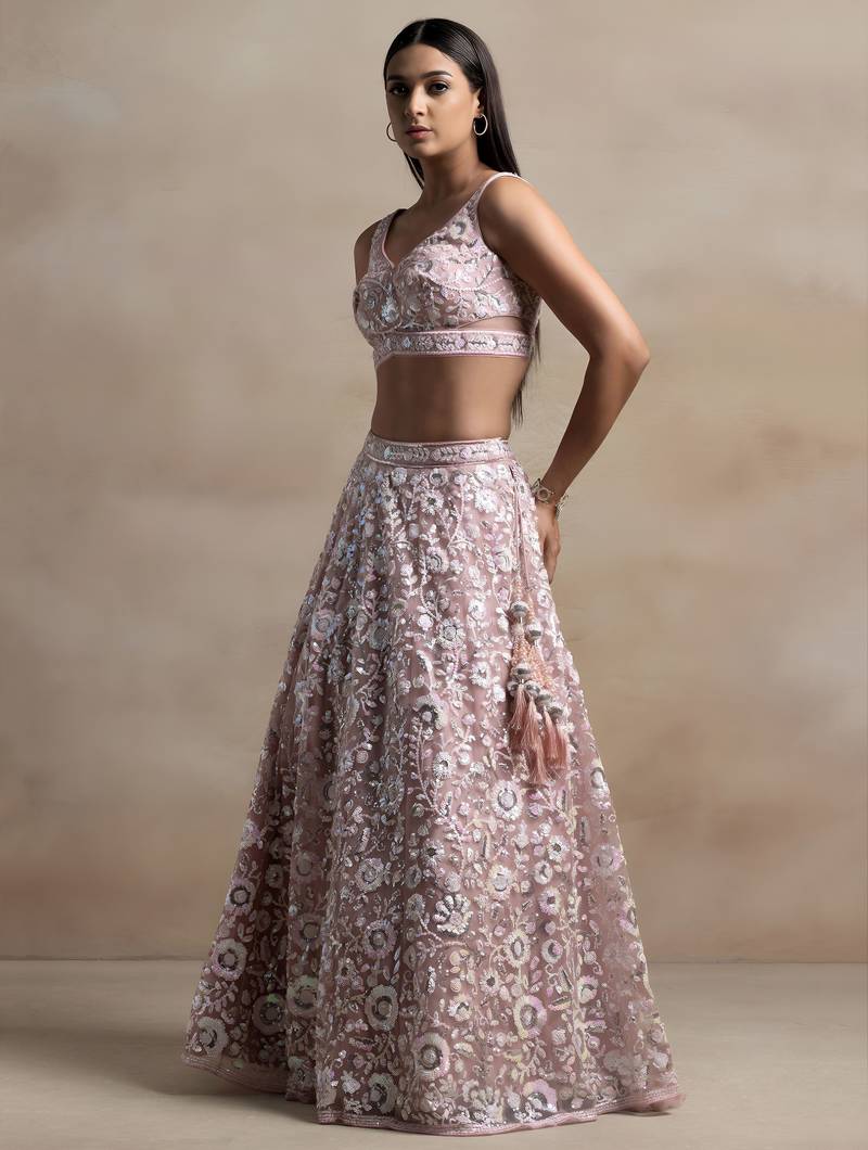 pink net embroidered lehenga choli with dupatta