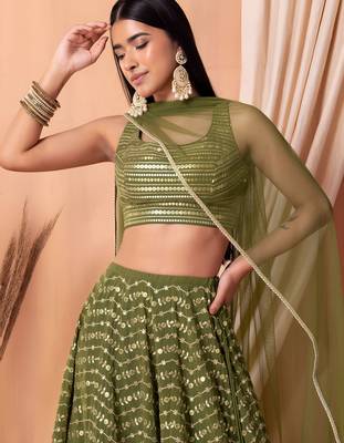 mehendi georgette embroidered lehenga choli with dupatta 5