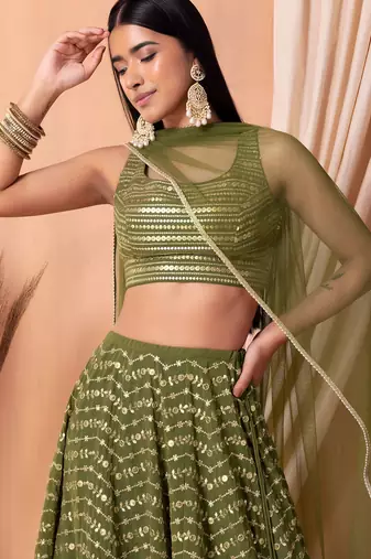 mehendi georgette embroidered lehenga choli with dupatta