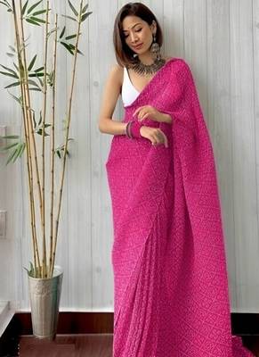 pink bandhani georgette saree with unstitched blouse 2