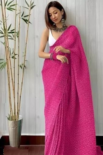 pink bandhani georgette saree with unstitched blouse