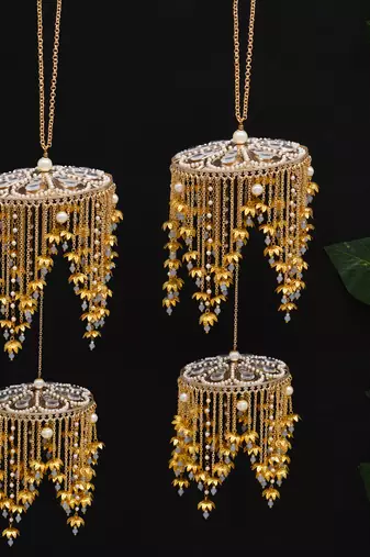 royal pearl mini lotus dome bridal kaleere with layered chain drops - set of 2 pieces