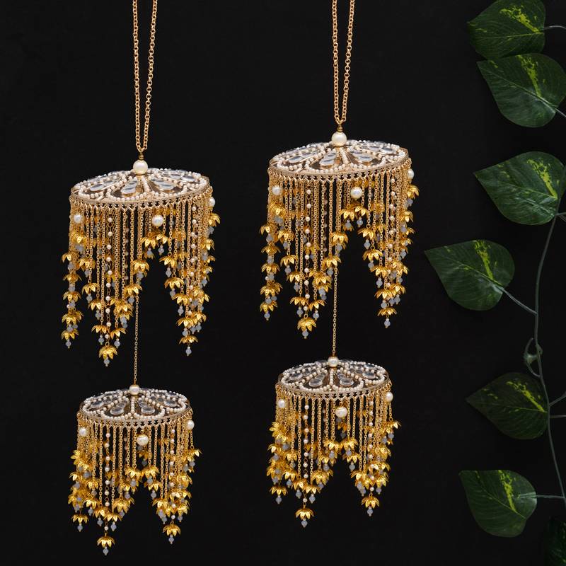 royal pearl mini lotus dome bridal kaleere with layered chain drops - set of 2 pieces