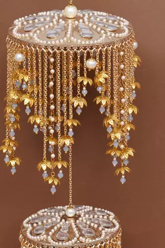 royal pearl mini lotus dome bridal kaleere with layered chain drops - set of 2 pieces