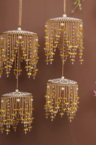 royal pearl mini lotus dome bridal kaleere with layered chain drops - set of 2 pieces