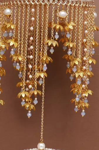 royal pearl mini lotus dome bridal kaleere with layered chain drops - set of 2 pieces