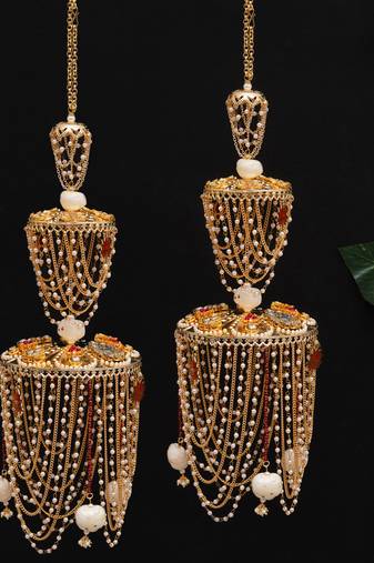 royal pearl dome bridal kaleere with multi-layer chain drapes - set of 2 pieces
