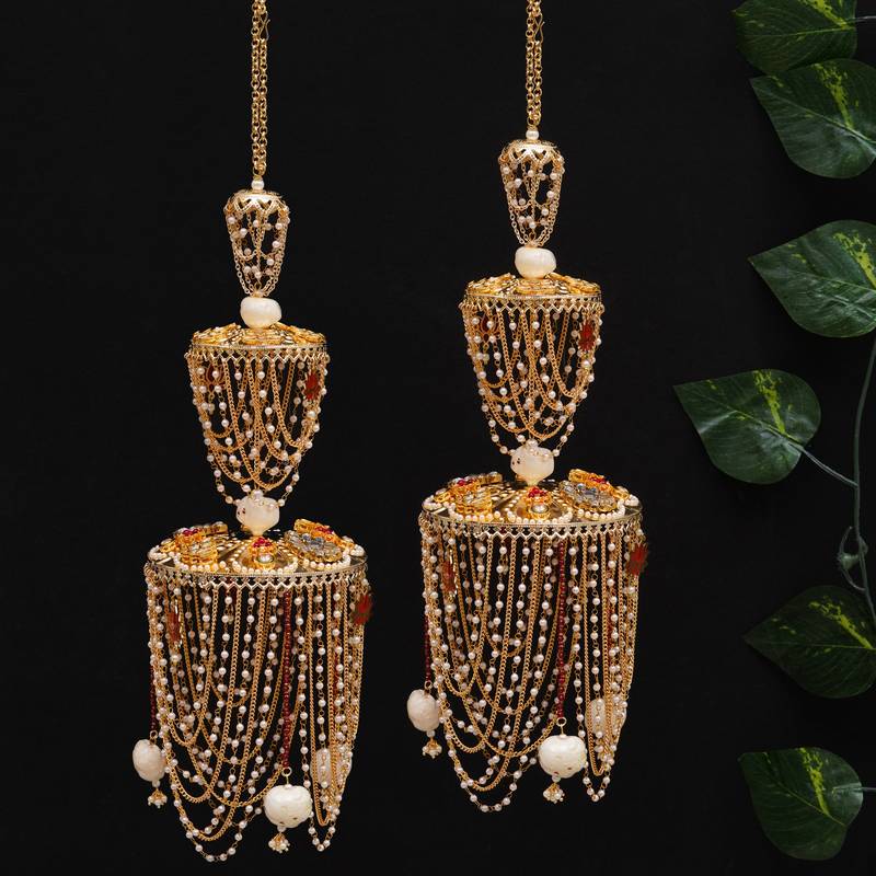 royal pearl dome bridal kaleere with multi-layer chain drapes - set of 2 pieces