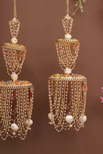 royal pearl dome bridal kaleere with multi-layer chain drapes - set of 2 pieces