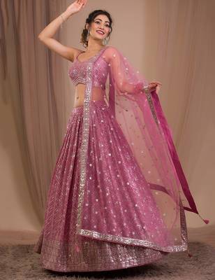 pink georgette embroidered lehenga choli with dupatta 1