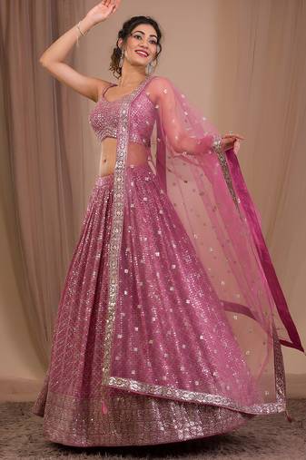 pink georgette embroidered lehenga choli with dupatta