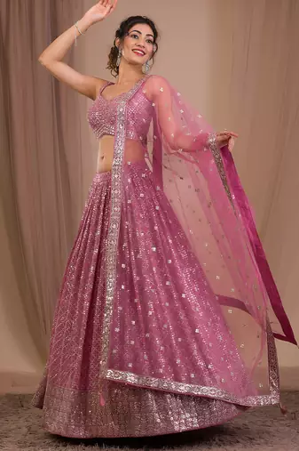 pink georgette embroidered lehenga choli with dupatta