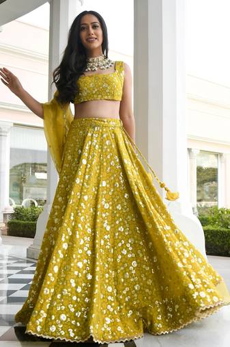 olive georgette embroidered lehenga choli with dupatta