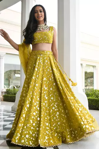 olive georgette embroidered lehenga choli with dupatta