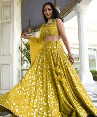 olive georgette embroidered lehenga choli with dupatta 2