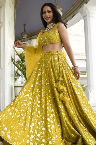 olive georgette embroidered lehenga choli with dupatta