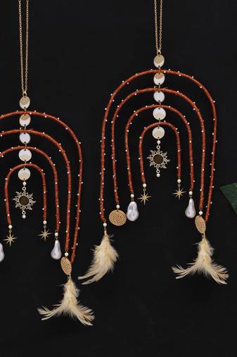 boho celestial arch bridal kaleere with feather & pearl drops - set of 2 pieces
