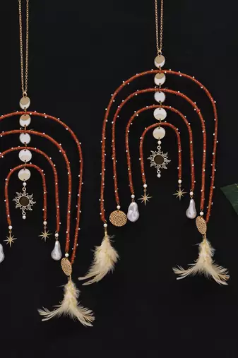 boho celestial arch bridal kaleere with feather & pearl drops - set of 2 pieces