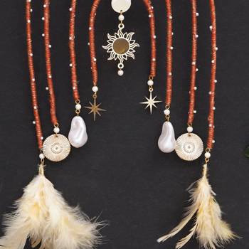 boho celestial arch bridal kaleere with feather & pearl drops - set of 2 pieces 2