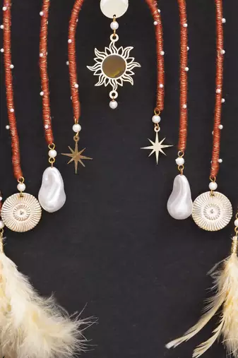 boho celestial arch bridal kaleere with feather & pearl drops - set of 2 pieces